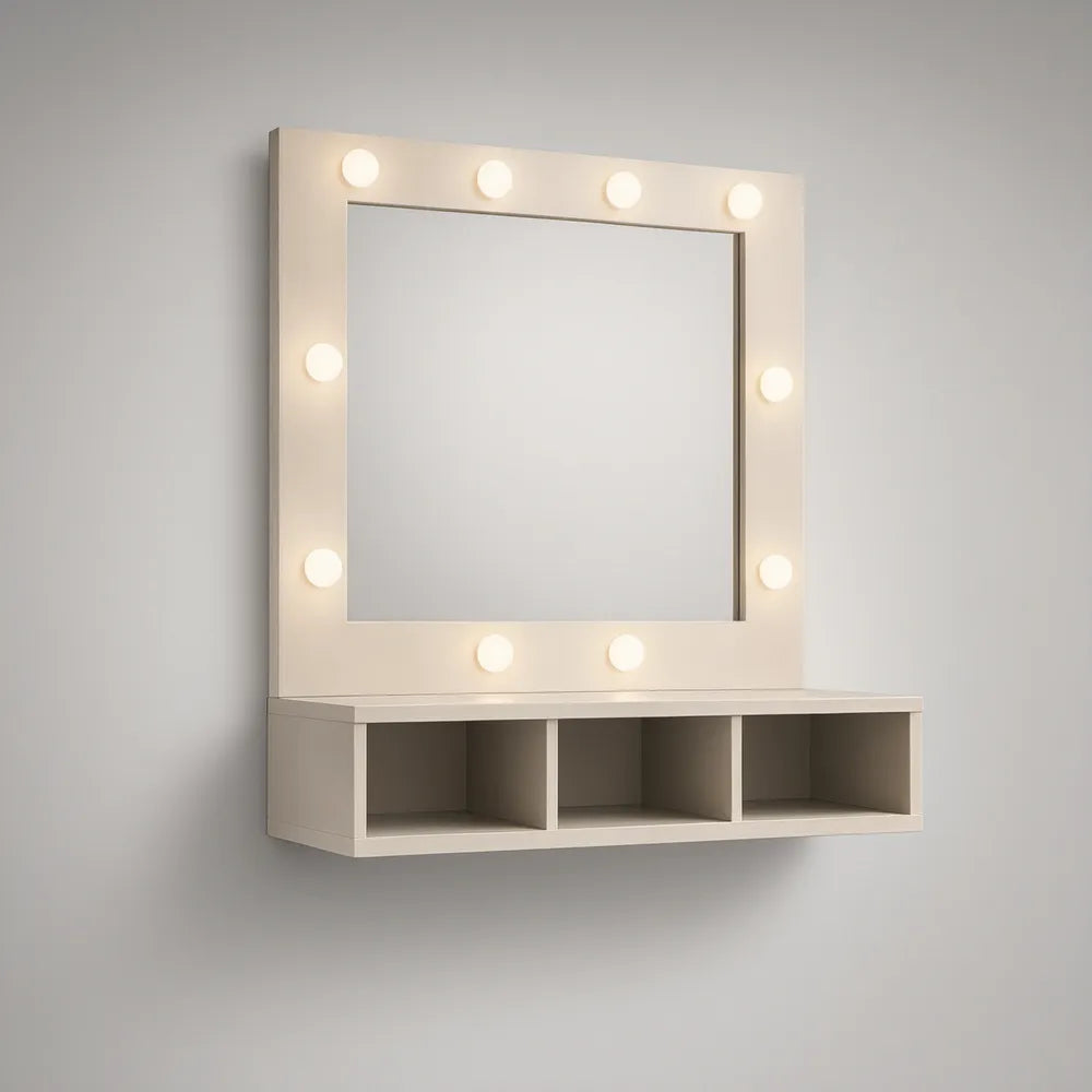 Nástěnné kosmetické zrcadlo s LED osvětlením a policí, krémově bílé, 60 × 80 × 15 cm
