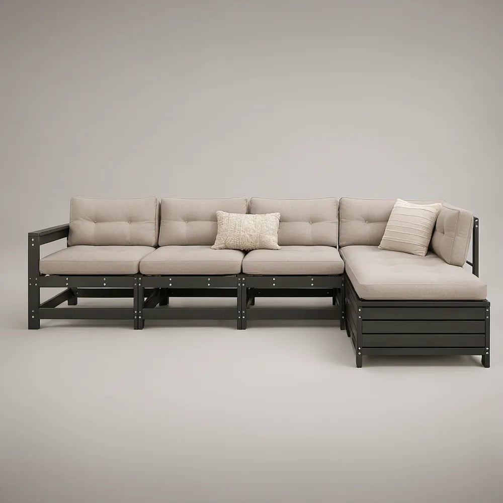 Modulární rohová zahradní pohovka ve tvaru L, černá/béžová, 280 × 140 × 65 cm